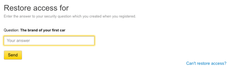 Yandex mail password reset security question