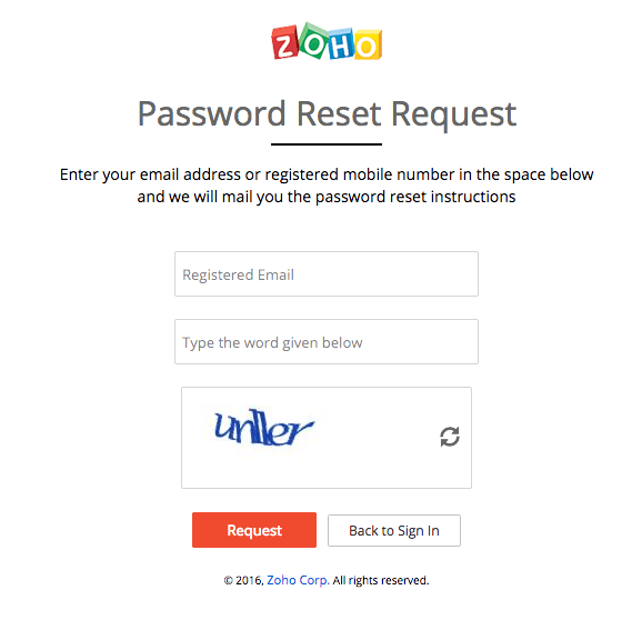 Zoho mail password reset request screen